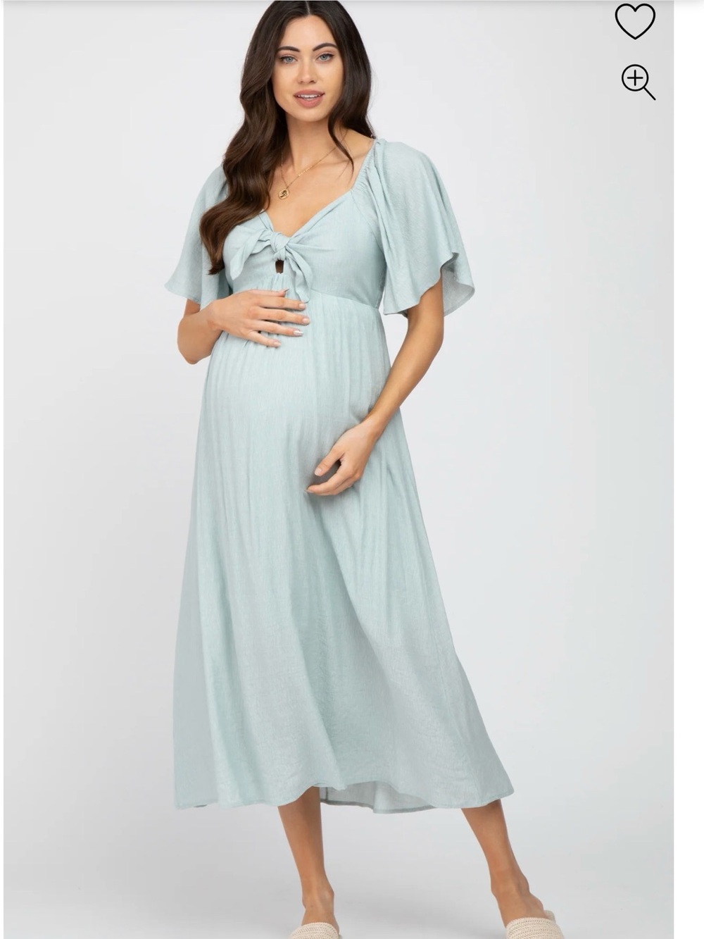 Pinkblush Light Mint Tie-Front Flutter Sleeve Maternity Midi Dress - Picture 1 of 2